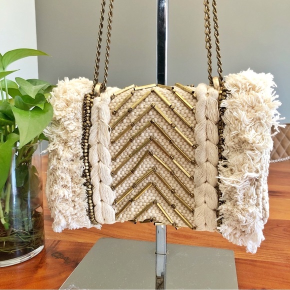 ZARA Unique Boho Beaded Cream Golden Tone Chain &Hardware Crossbody Shoulder Bag - Picture 4 of 15